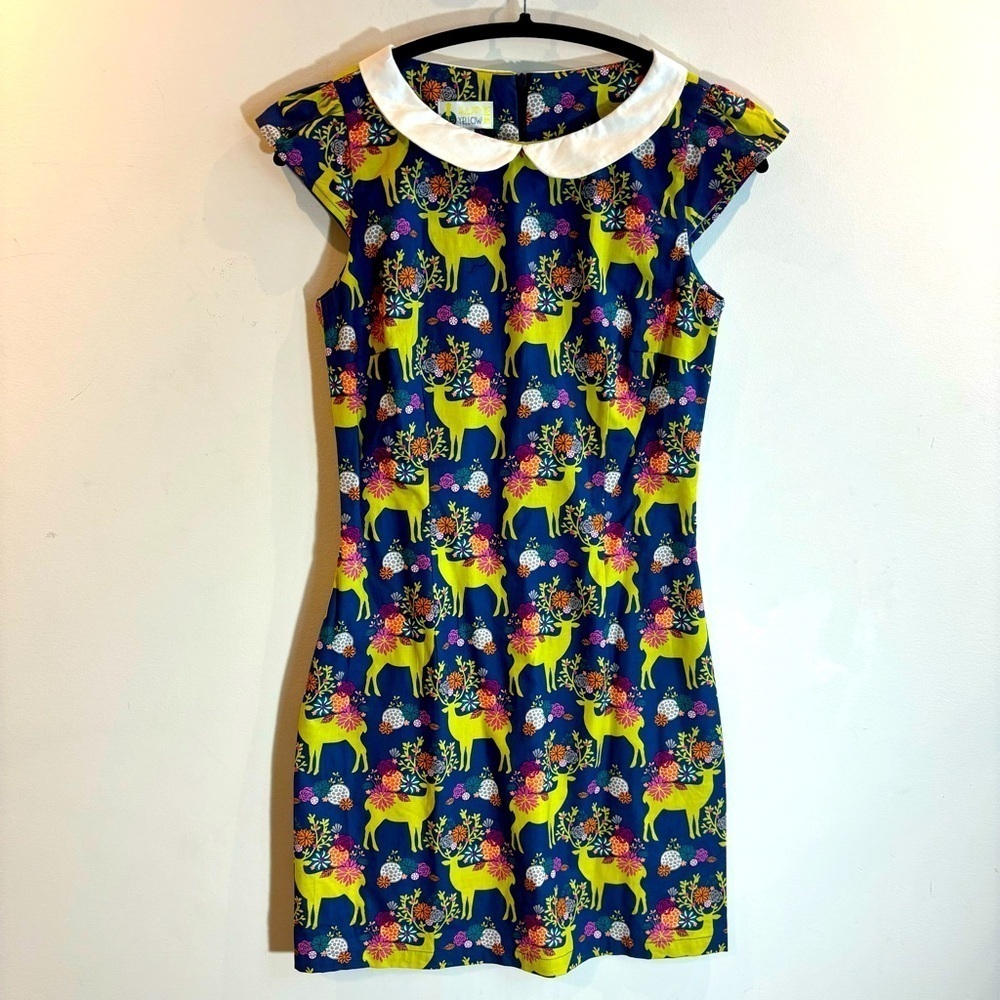 HAPPY YELLOW DRESS Sz S Cap Sleeve Collared Deer Printed 100% Cotton Mini Dress
